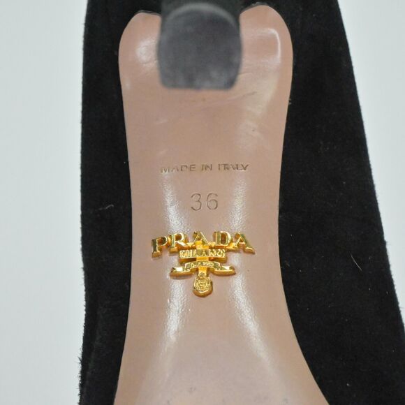 PRADA Heels Womens Size 36 Calzature Black Suede Gold Hardware Bow Milan Square - Picture 9 of 13